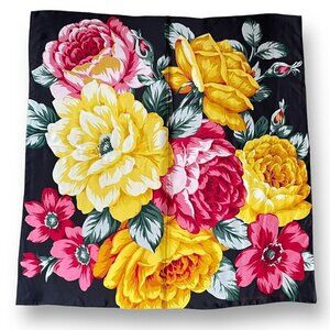Vintage Adrienne Vittadini Silk Scarf Black Botanical Floral Oversized Square